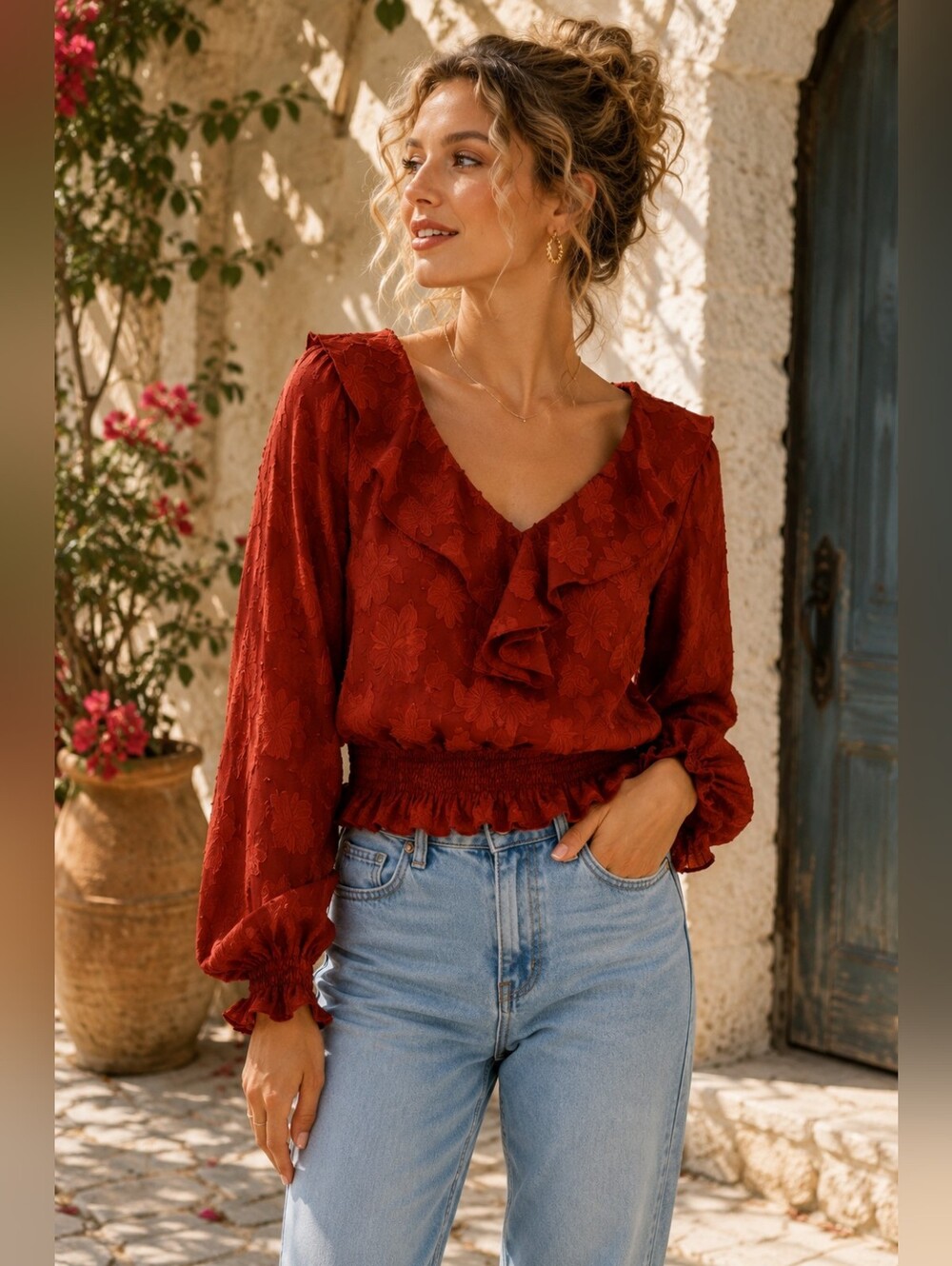 Anthropologie Textured Floral Open Back Ruffle Trim Blouse Cropped Top XS